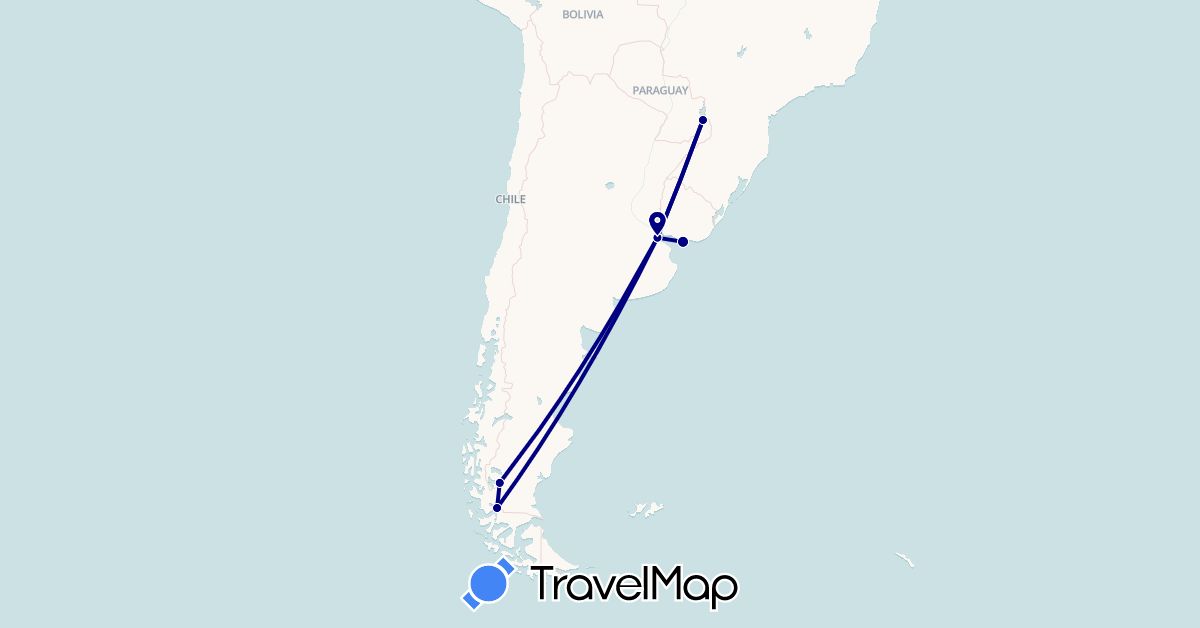 TravelMap itinerary: driving in Argentina, Chile, Uruguay (South America)